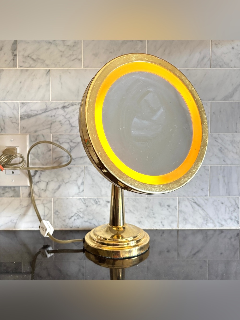 Vintage Adjustable Brass Light Up Vanity Makeup Magnifying Table Top Mirror